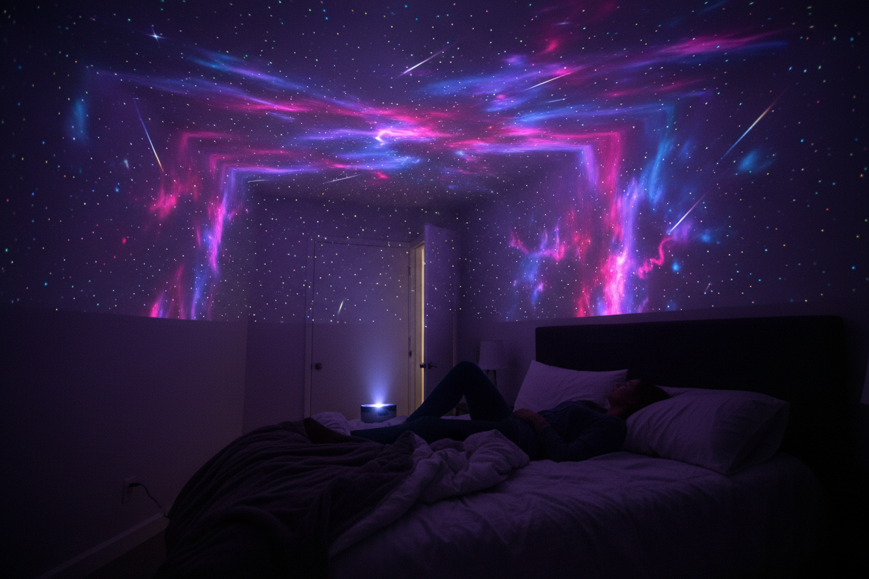 Galaxy projector in bedroom